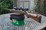 The Prosport after 4 coats of cloth-applied Birchwood Casey Tru-Oil, rubbing down lightly between coats with four noughts wire wool. The final coat was again buffed with the wire wool then burnished with car wax . There is still some grain so it actually looks like polished wood. I have treated many crossbow stocks in the past with the super old Furniglass hardset two part . This Tru-Oil applies like oily french polish then behaves like hard-setting varnish. It is excellent stuff. I reckon 7 or 8 coats could get that guitar-like finish, if that's what you like. Don't apply it thickly. This evening I retried AA Diabolo fields 4.52. and wow, excellent. Another fragile eureka moment? Prosport +TruOil 2.jpg